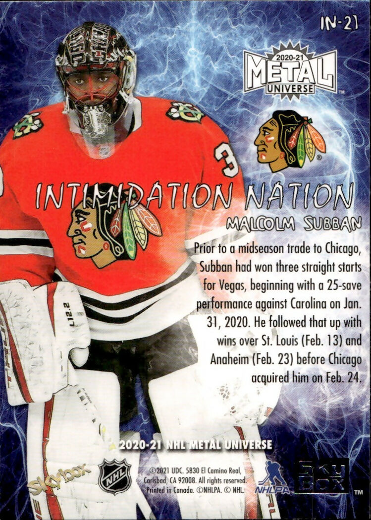 2020-21 Upper Deck Skybox Metal Universe - Intimidation Nation #IN-21 Malcolm Subban - Chicago Blackhawks - B