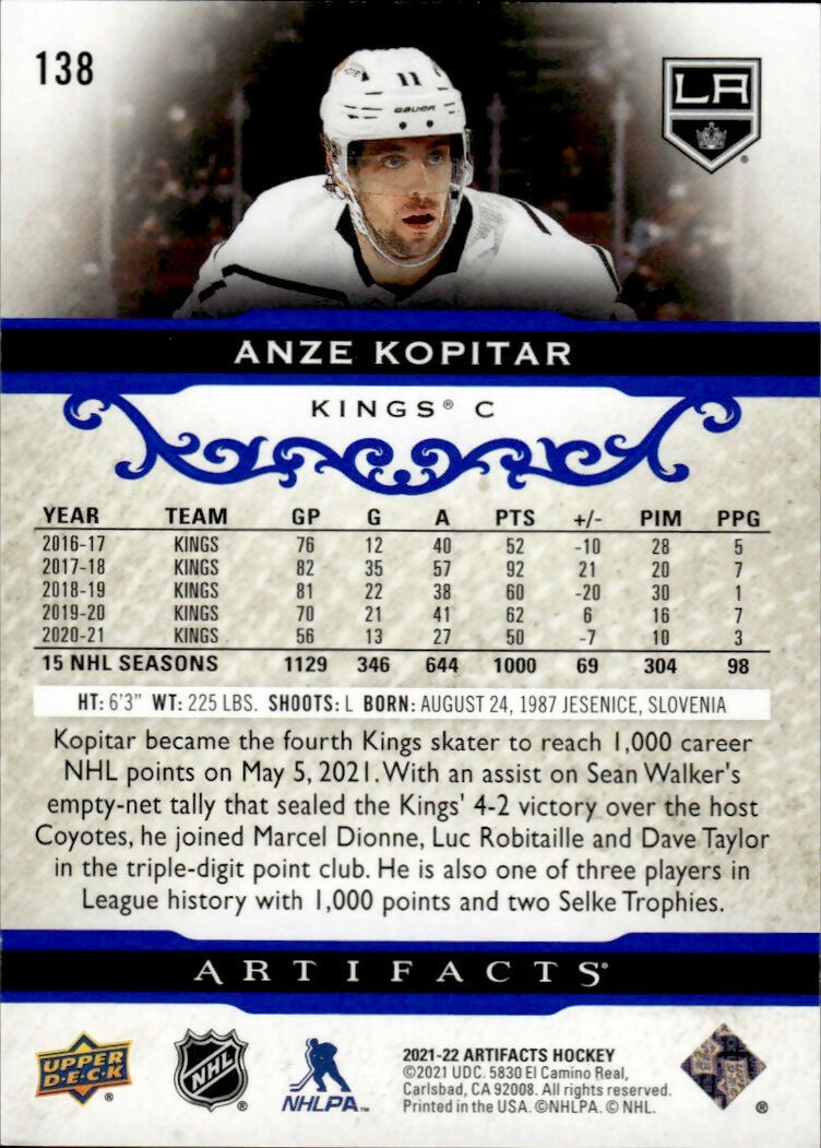 2021-22 Upper Deck Artifacts - Base - Stars - Royal Blue /199 #138 Anze Kopitar - Los Angeles Kings