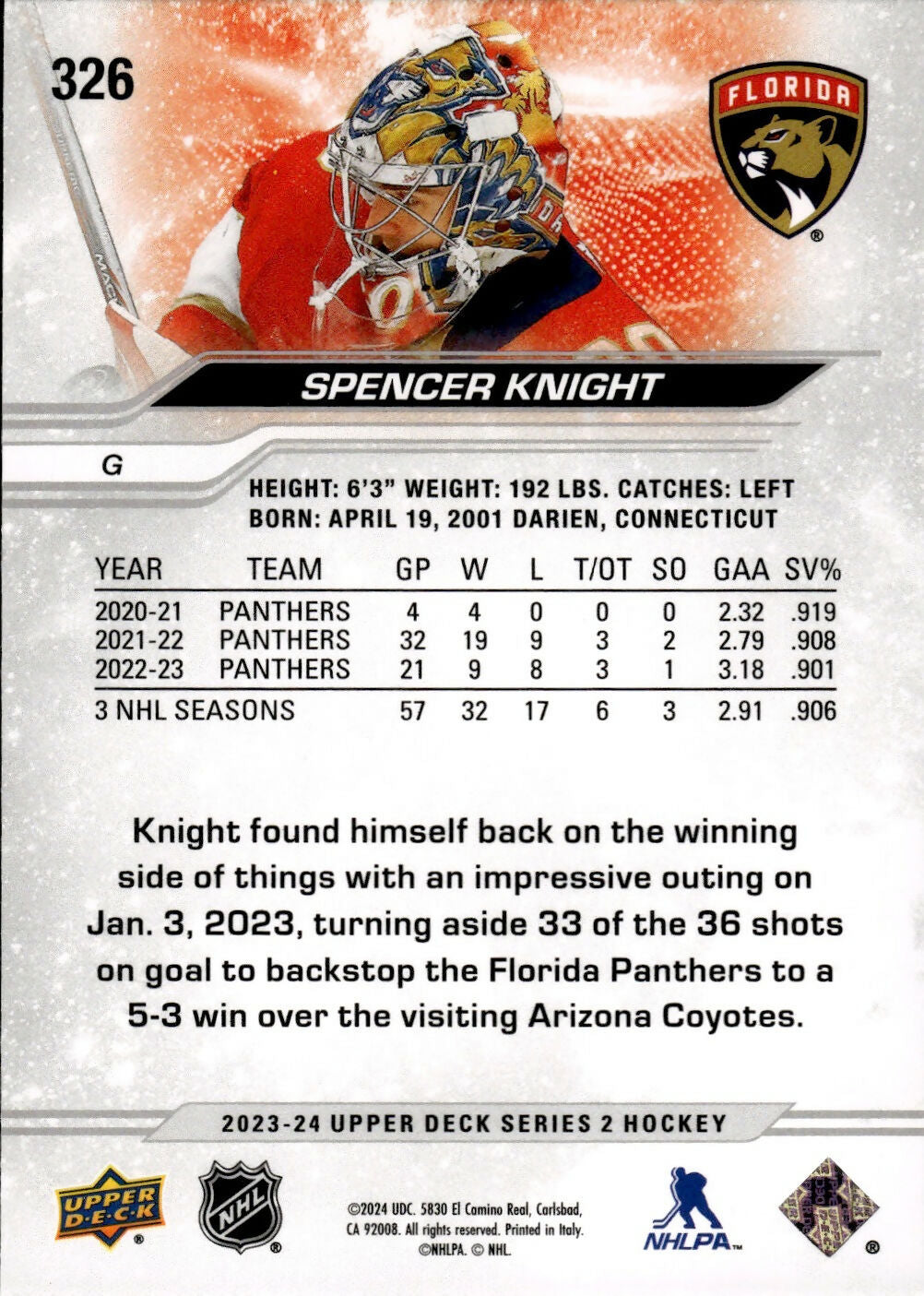 2023-24 Upper Deck Series 2 Hockey - Base #326 Spencer Knight - Florida Panthers