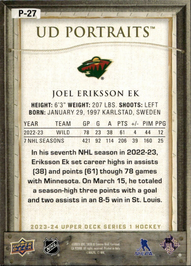 2023-24 Upper Deck Series 2 Hockey - Portraits #P-27 Joel Eriksson EK - Minnesota Wild - B