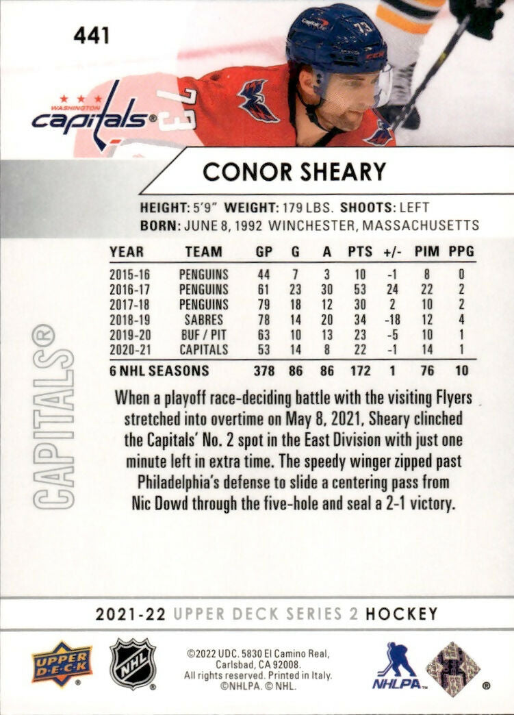 2021-22 Upper Deck Series 2 Hockey - Base #441 Conor Sheary - Washington Capitals - B