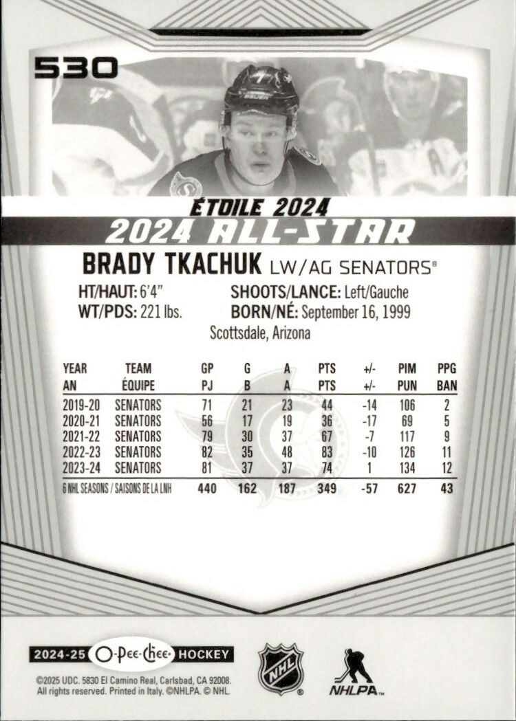 2024-25 Upper Deck O-Pee-Chee - Base - All Star #530 Brady Tkachuk - Ottawa Senators - B