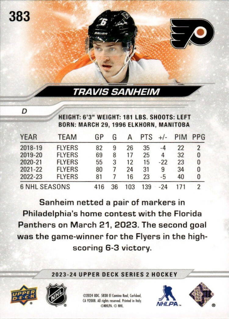 2023-24 Upper Deck Series 2 Hockey - Base #383 Travis Sanheim - Philadelphia Flyers - B