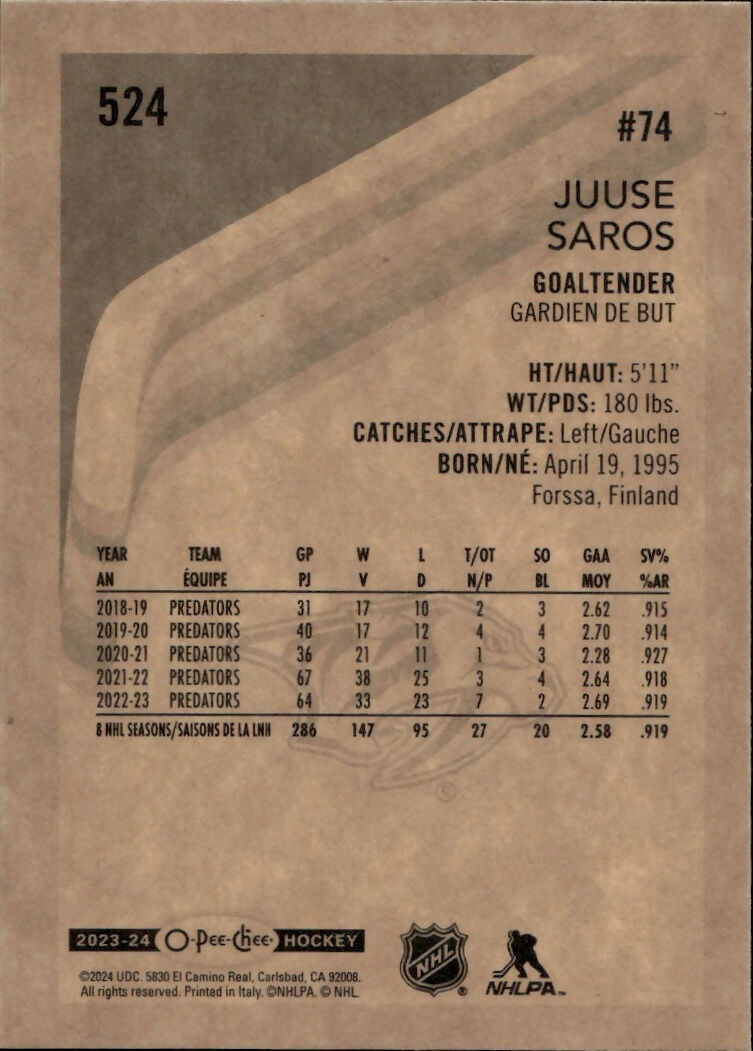2023-24 Upper Deck O-Pee-Chee Hockey - Base - Retro #524 Juuse Saros - Nashville Predators