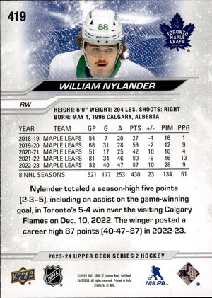 2023-24 Upper Deck Series 2 Hockey - Base #419 William Nylander - Toronto Maple Leafs