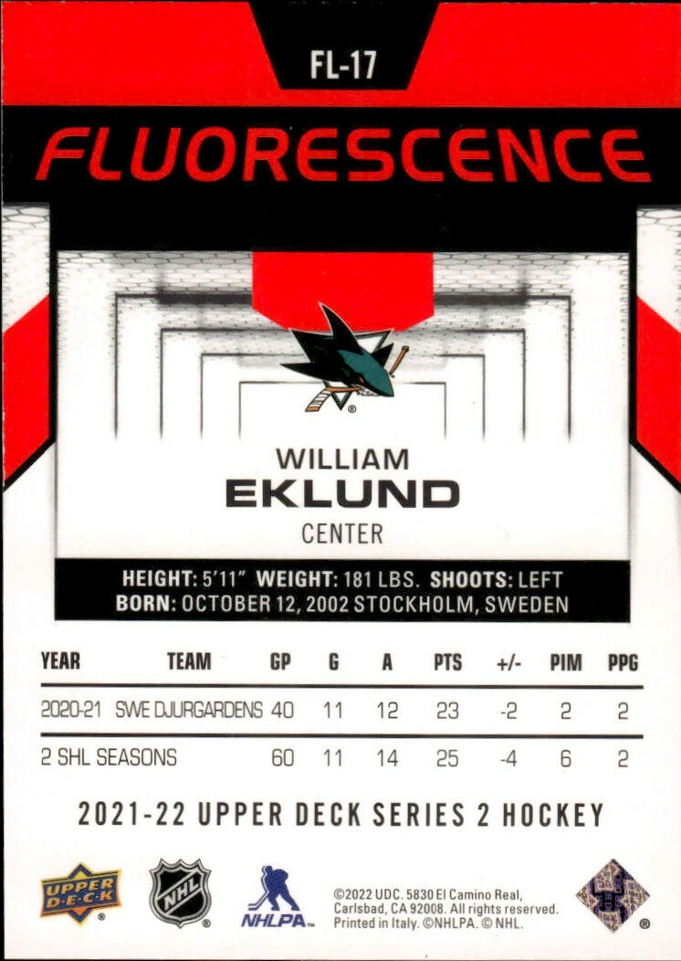 2021-22 Upper Deck Series 2 Hockey - Fluorescence #FL-17 William Eklund - San Jose Sharks - B