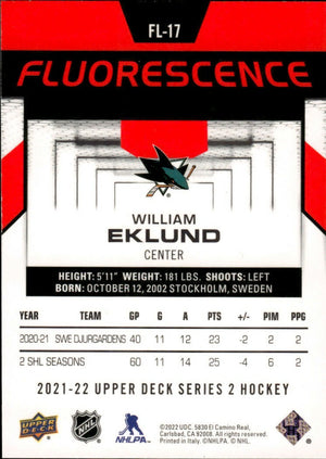 2021-22 Upper Deck Series 2 Hockey - Fluorescence #FL-17 William Eklund - San Jose Sharks - B