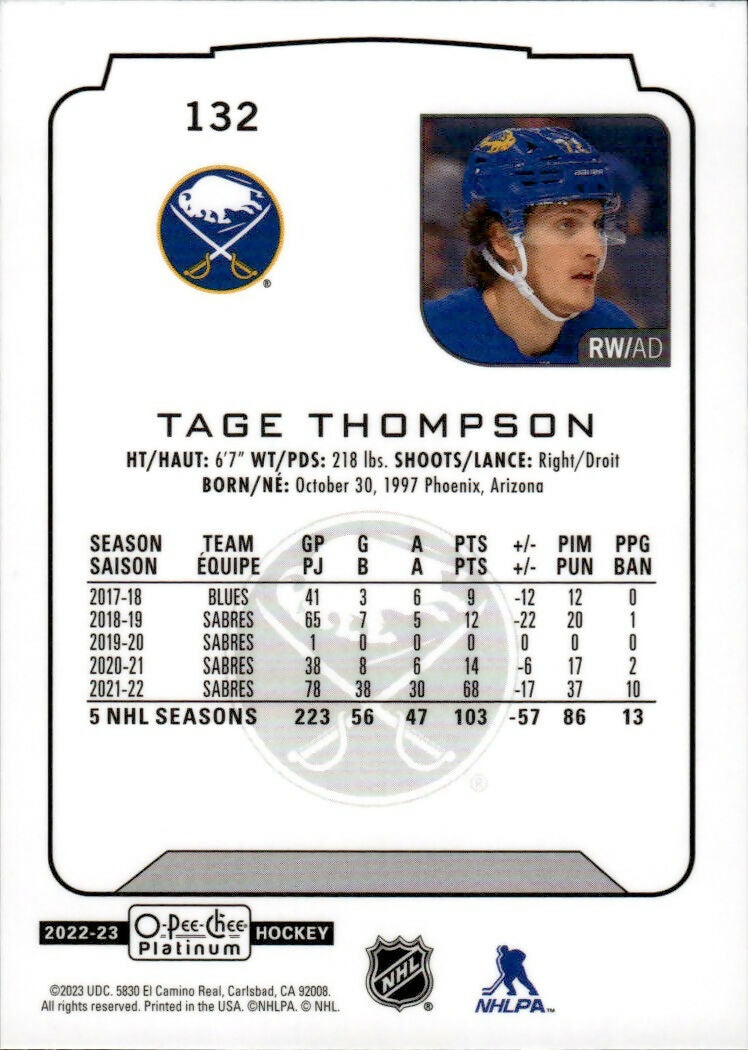 2022-23 Upper Deck O-Pee-Chee Platinum Hockey - Base #132 Tage Thompson - Buffalo Sabres