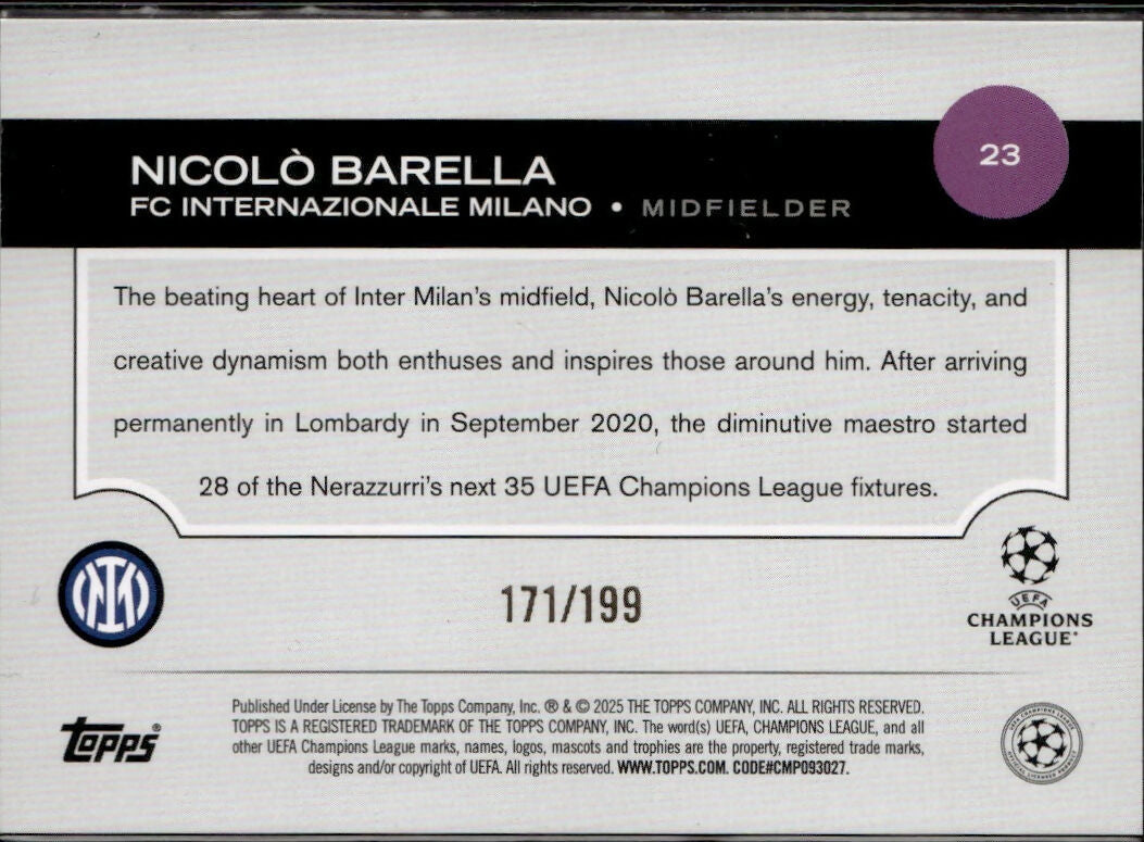 2024-25 Topps UEFA Club Competitions - Base - Neon Green Foilboard #23 Nicolo Barella - FC internazionale Milano - B