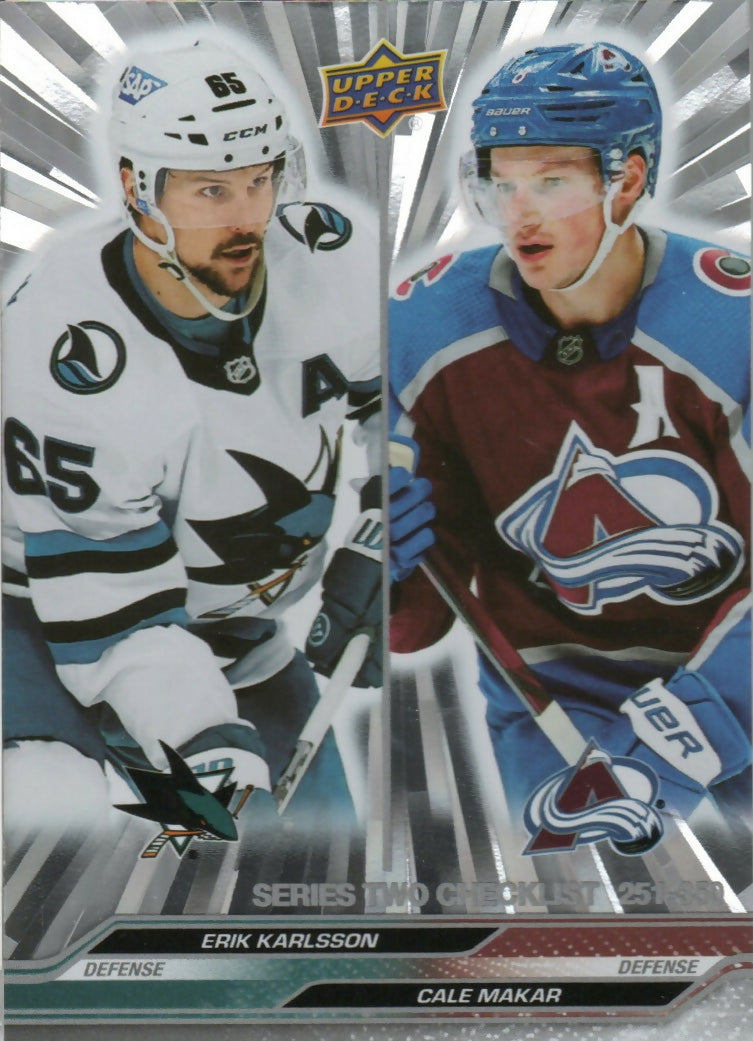 2023-24 Upper Deck Series 2 Hockey - Base - Checklist - Silver Outburst #449 Erik Karlsson - San Jose Sharks / Cale Makar - Colorado Avalanche