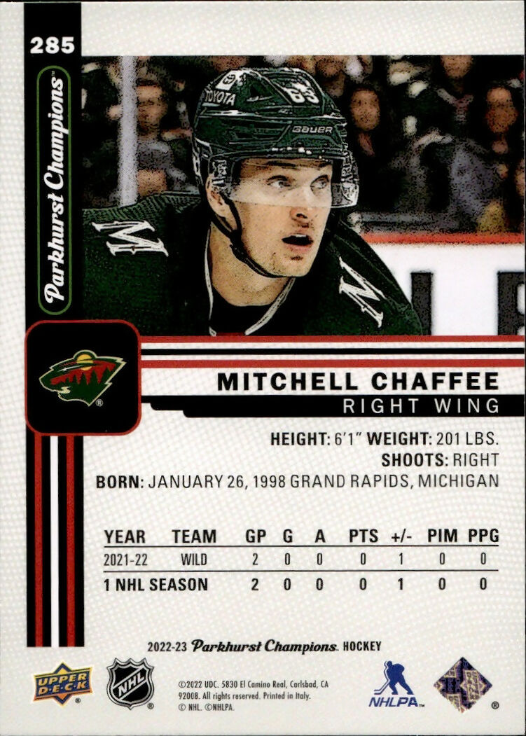 2022-23 Upper Deck Parkhurst Champions - Base #285 Mitchell Chaffee - Minnesota Wild - B