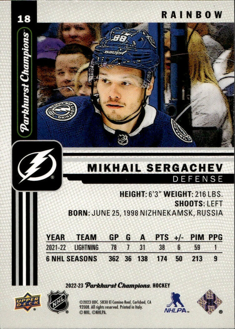 2022-23 Upper Deck Parkhurst Champions - Base - Rainbow #18 Mikhail Sergachev - Tampa Bay Lightning - B