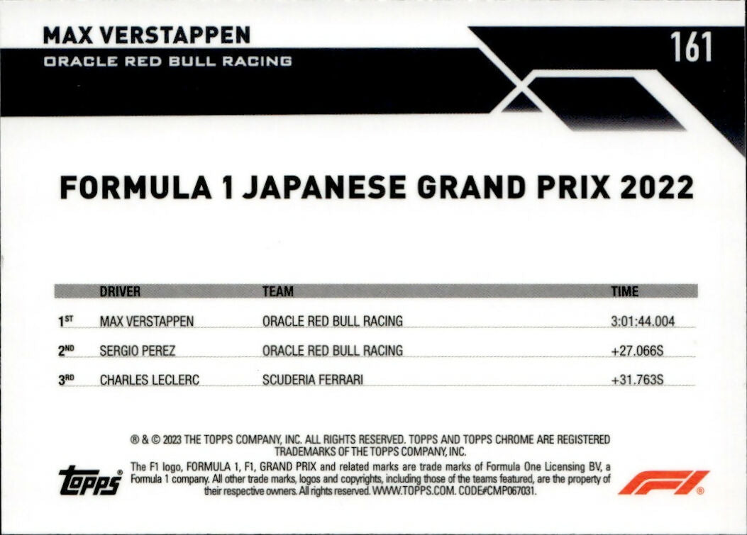 2023 Topps Chrome Formula 1 Base #161 - Grand Prix Winners Max Verstappen - Oracle Red Bull Racing - B
