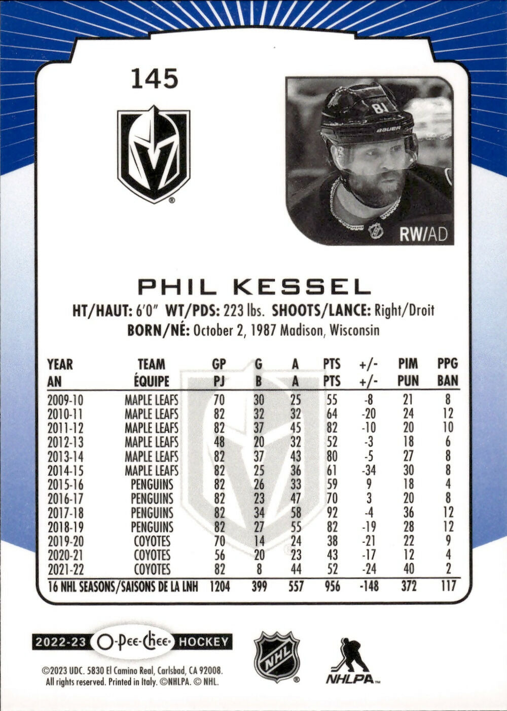 2022-23 Upper Deck O-Pee-Chee Hockey - Base - Blue #145 Phil Kessel - Vegas Golden Knights