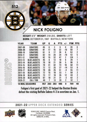 2021-22 Upper Deck Extended Series Hockey - Base #512 Nick Foligno - Boston Bruins - B