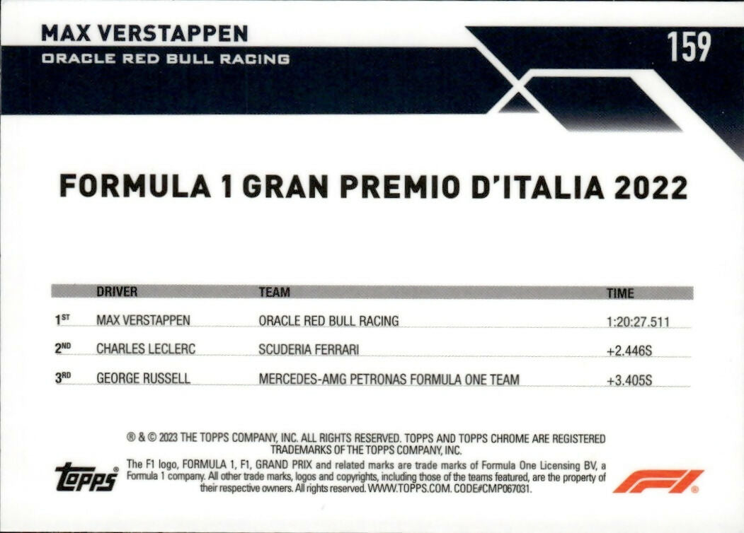 2023 Topps Chrome Formula 1 Base #159 - Grand Prix Winners - Refractor - Mini Diamond :299  Max Verstappen - Oracle Red Bull Racing - B