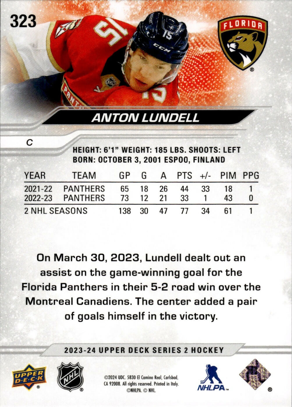2023-24 Upper Deck Series 2 Hockey - Base #323 Anton Lundell - Florida Panthers - B