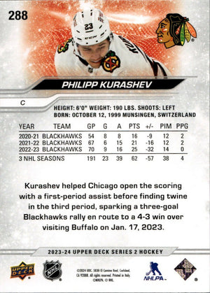 2023-24 Upper Deck Series 2 Hockey - Base #288 Philipp Kurashev - Chicago Blackhawks - B