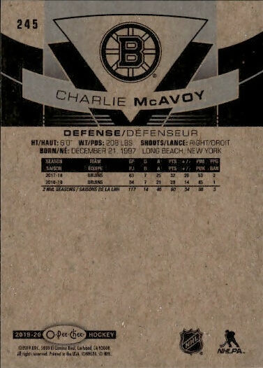 2019-20 Upper Deck O-Pee-Chee Hockey - Base - Blue #245 Charlie McAvoy - Boston Bruins