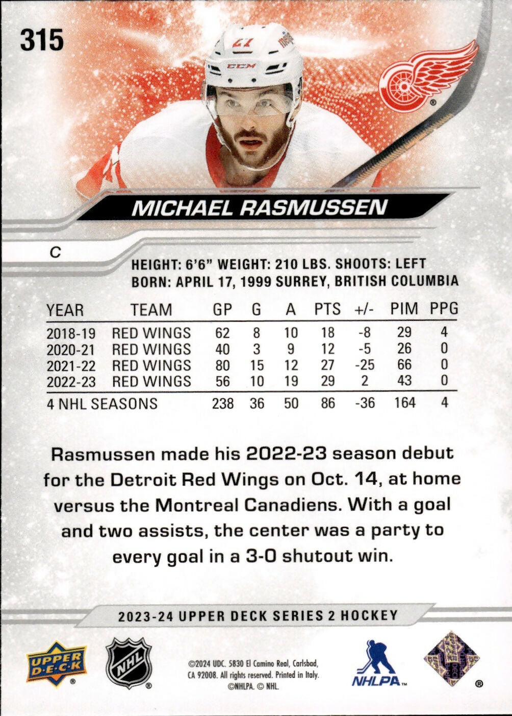 2023-24 Upper Deck Series 2 Hockey - Base #315 Michael Rasmussen - Detroit Red Wings - B