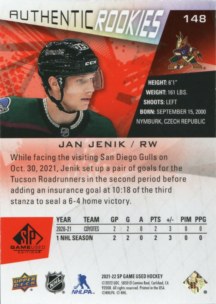 2021-22 Upper Deck SP Game Used Hockey - Base - Red Fragment - Authentic Rookies :205 #148 Jan Jenik - Arizona Coyotes - B