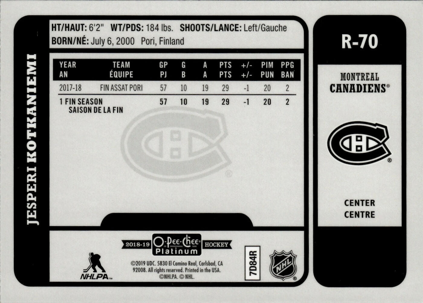 2018-19 O-Pee-Chee Platinum Hockey - Retro Rookie #R-70 Jesperi Kotkaniemi - Montreal Canadiens