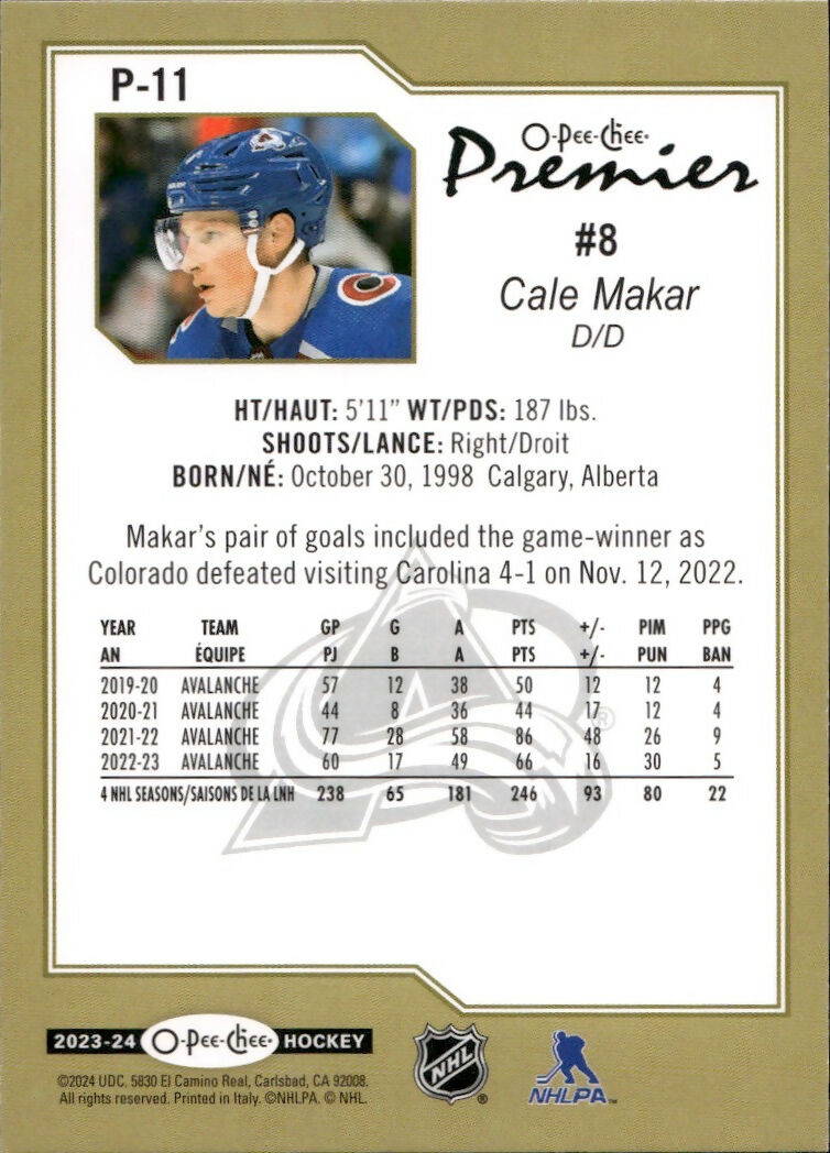2023-24 Upper Deck O-Pee-Chee Hockey - Premiers #P-11 Cale Makar - Colorado Avalanche - B