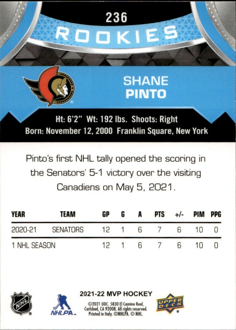 2021-22 Upper Deck MVP Hockey - Base - Rookies #236 Shane Pinto - Ottawa Senators - B