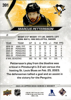 2023-24 Upper Deck Series 2 Hockey - Base #391 Marcus Pettersson - Pittsburgh Penguins - B