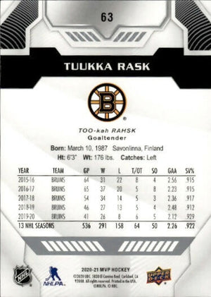 2020-21 Upper Deck MVP Hockey - Base - Silver Scripts #63 Tuukka Rask - Boston Bruins