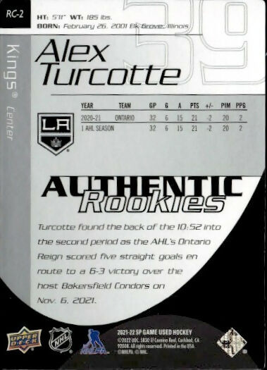 2021-22 Upper Deck SP Game Used Hockey - Authentic Rookies :999 #RC-2 Alex Turcotte - Los Angles Kings - B