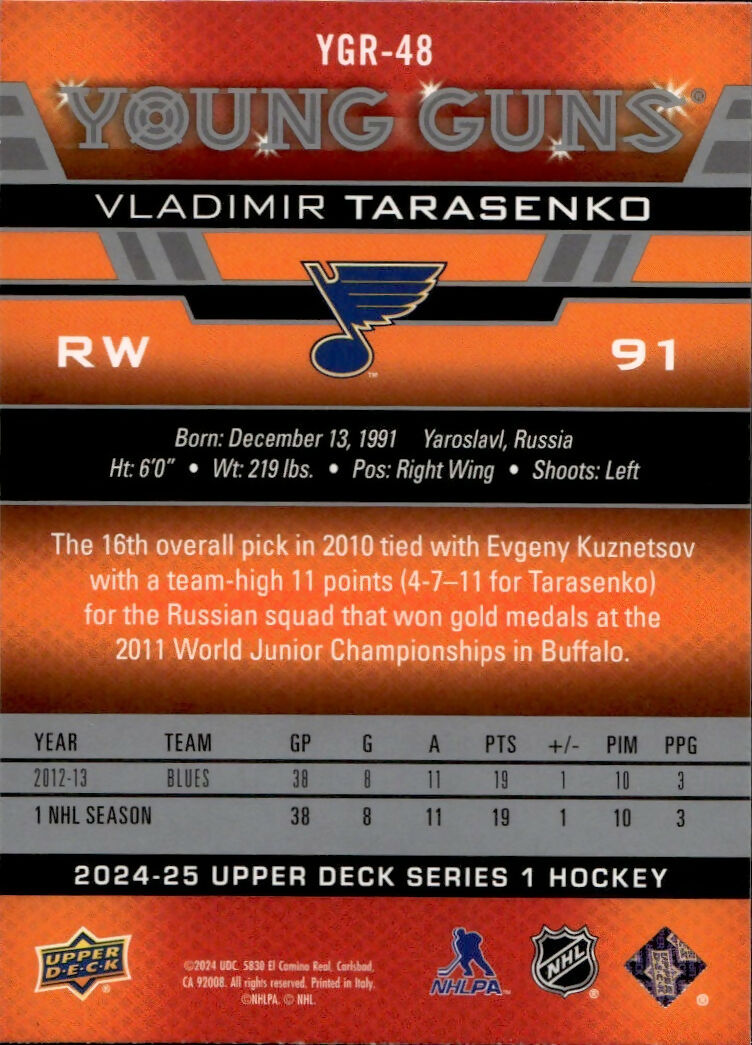 2024-25 Upper Deck Series 1 Hockey - Young Guns Renewed #YGR-48 Vladimir Tarasenko - St. Louis Blues - B