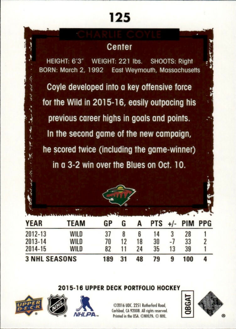 2015-16 Upper Deck Portfolio Hockey - Base #125 Charlie Coyle - Minnesota Wild