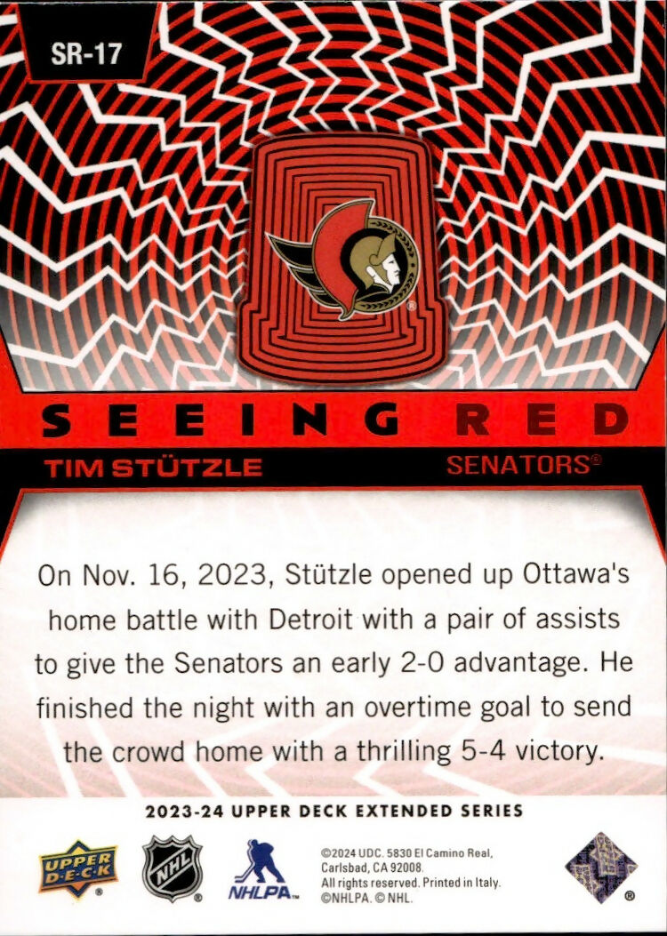 2023-24 Upper Deck Extended Series Hockey - Seeing Red #SR-17 Tim Stutzle - Ottawa Senators - B