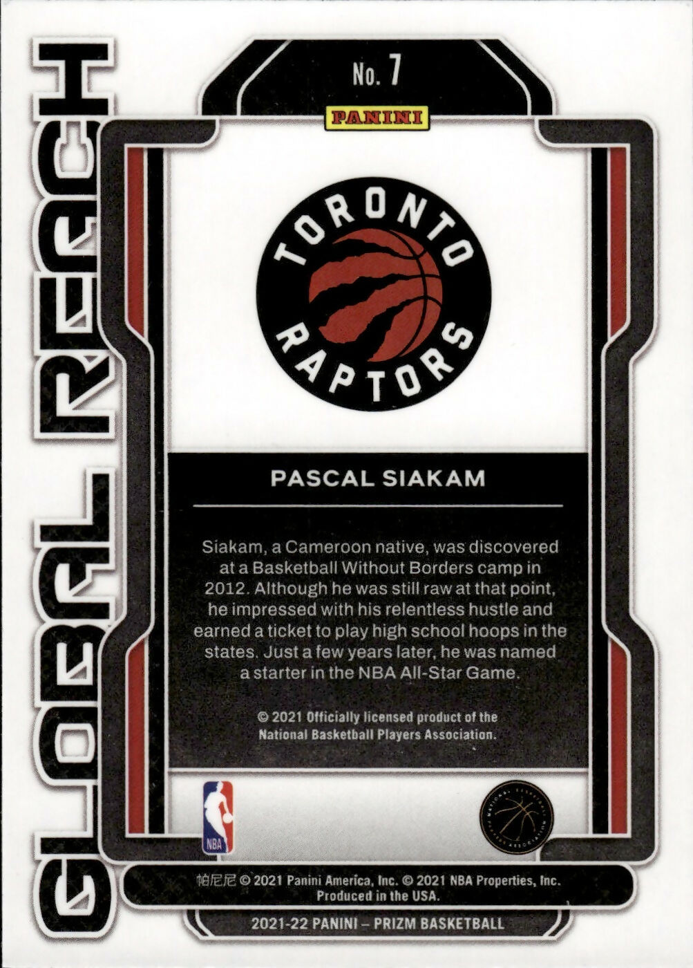 2021-22 Panini Prizm Basketball - Global Reach # 7 Pascal Siakam - Toronto Raptors