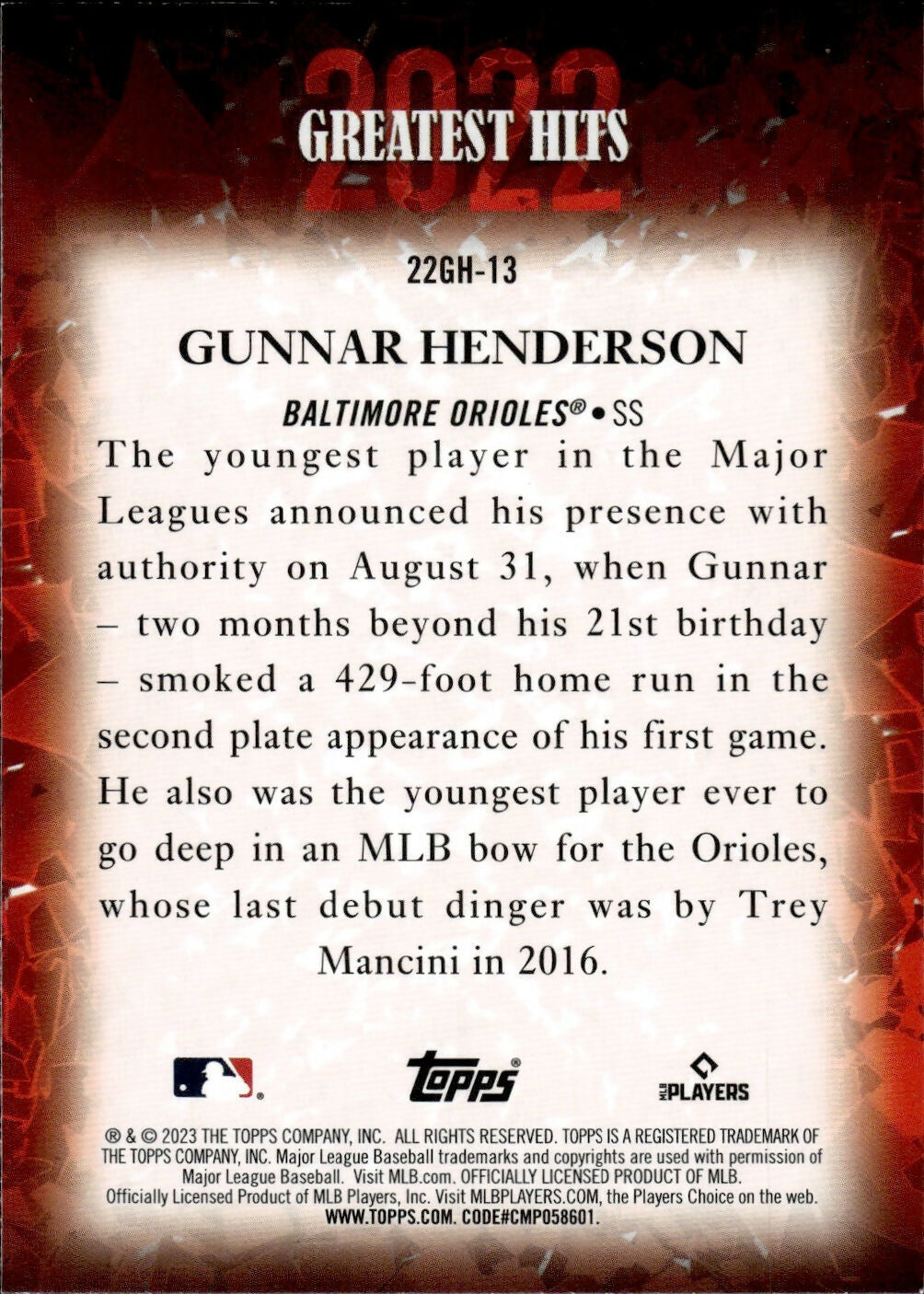2023 Topps Series 1 Baseball - 2022's Greatest Hits #22GH-13 Gunner Henderson - Baltimore Orioles - B