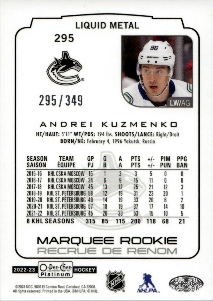 2022-23 Upper Deck O-Pee-Chee Platinum Hockey - Base - Liquid Metal :349 Andrei Kuzmenko - Vancouver Canucks - B