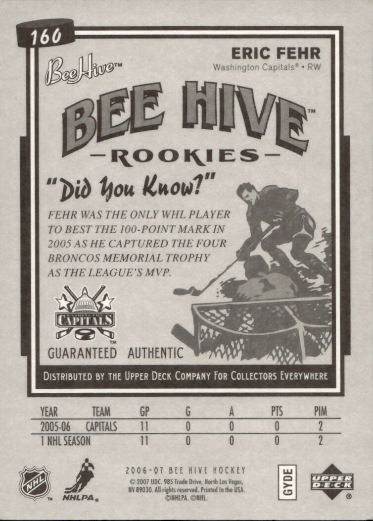 2006-07 Upper Deck - Bee Hive Hockey - Base - Rookies #160 Eric Fehr - Washington Capitals - B