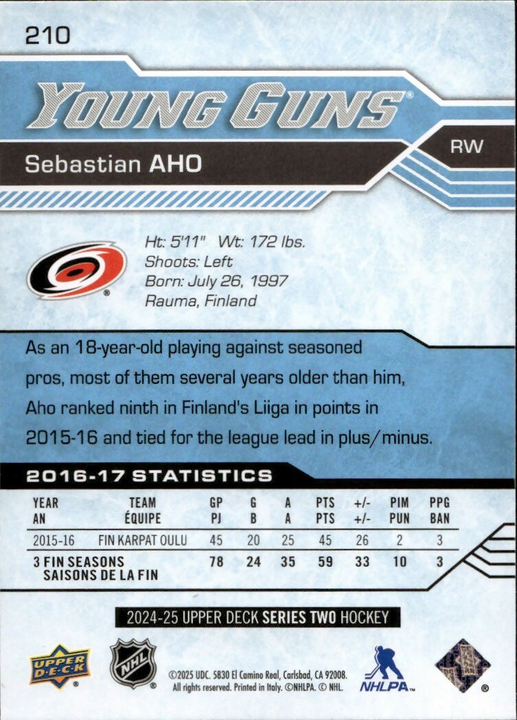 2024-25 Upper Deck Series 2 Hockey - Young Guns Renewed #210 Sebastian Aho - Carolina Hurricanes - B