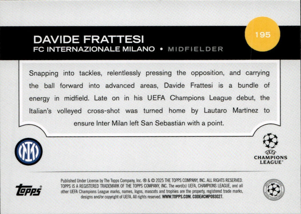 2024-25 Topps UEFA Club Competitions - Base #195 Davide Frattesi - FC Internazionale Milano - B
