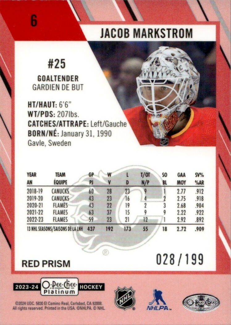 2023-24 Upper Deck O-Pee Chee Platinum Hockey - Base - Red Prizm :199 #6 Jacob Markstrom - Calgary Flames - B