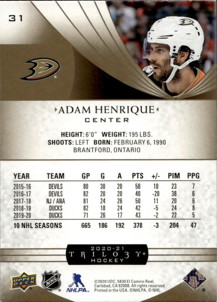 2020-21 Upper Deck Trilogy Hockey - Base #31 Adam Henrique - Anaheim Ducks - B