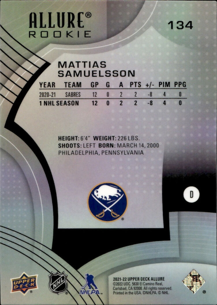 2021-22 Upper Deck Allure Hockey - Base - Rookie #134 Mattias Samuelsson - Buffalo Sabres - B