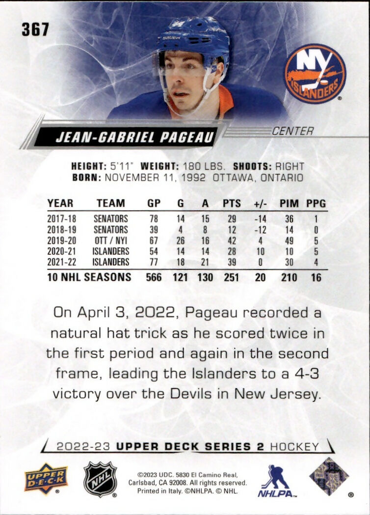 2022-23 Upper Deck Series 2 Hockey - Base #367 Jean-Gabriel Pageau - New York Islanders - B