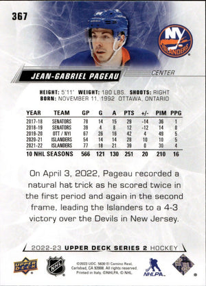 2022-23 Upper Deck Series 2 Hockey - Base #367 Jean-Gabriel Pageau - New York Islanders - B