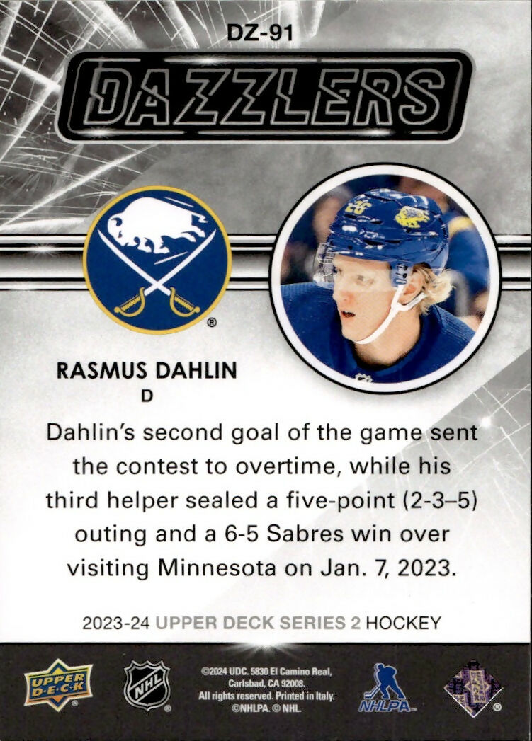 2023-24 Upper Deck Series 2 Hockey - Dazzlers - Green #DZ-91 Rasmus Dahlin - Buffalo Sabres - B