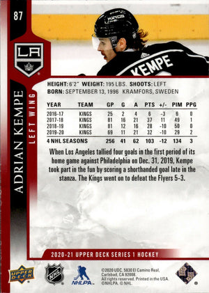 2020-21 Upper Deck Series 1 Hockey - Base - Exclusives /100 #87 Adrian Kempe - Los Angeles Kings