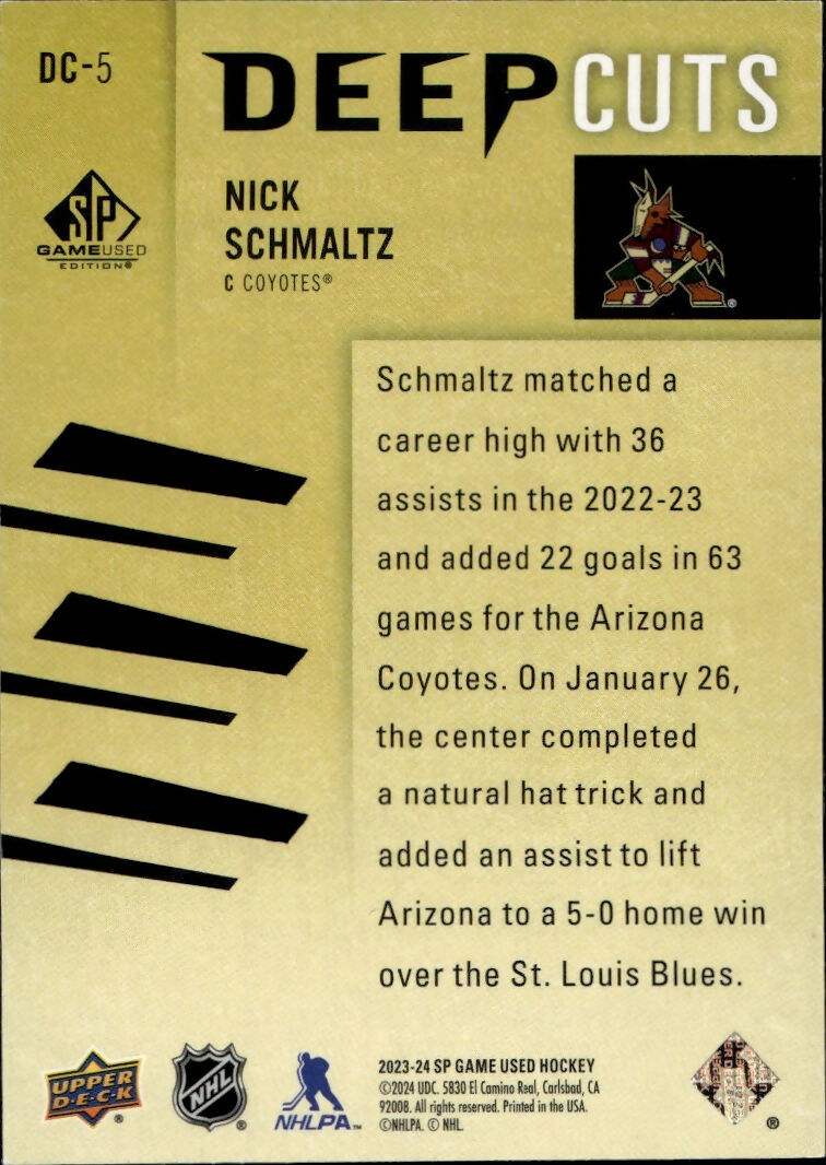 2023-24 Upper Deck SP Game Used Hockey - Deep Cuts :250 #DC-5 Nick Schmaltz - Arizona Coyotes - B