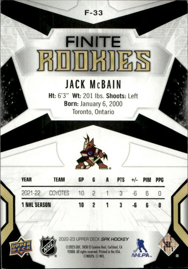 2022-23 Upper Deck SPX Hockey - Finite Rookies :499 #F-33 Jack McBain - Arizona Coyotes - B