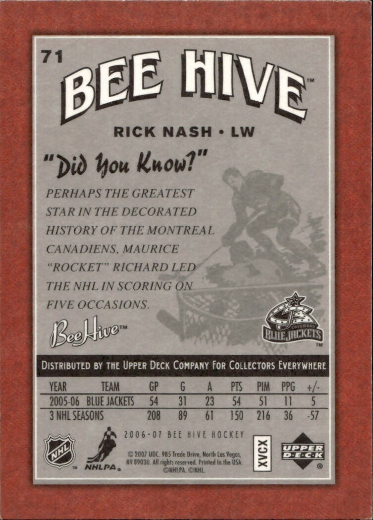 2006-07 Upper Deck - Bee Hive Hockey - Base - Red #71 Rick Nash - Columbus Blue Jackets - B